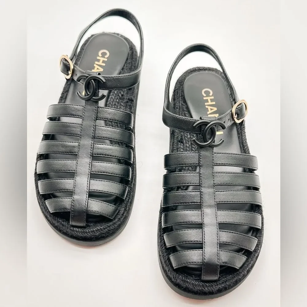 CHANEL 2024 CC Logo Black Leather Fisherman Rope Sole Dad Sandals Flats EU 37